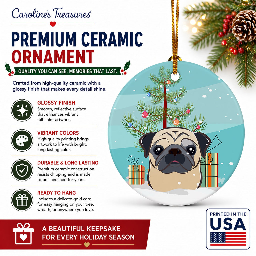 Christmas Tree and Fawn Pug Ceramic Ornament Christmas Tree Hanging Decorations for Home Christmas Holiday, Party, Gift, 3 in, Multicolor