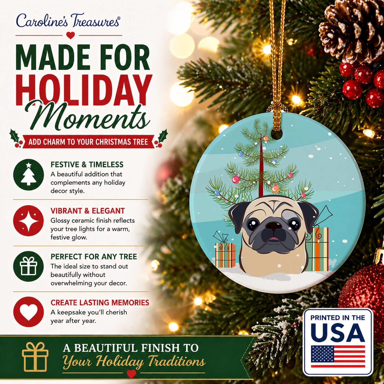 Christmas Tree and Fawn Pug Ceramic Ornament Christmas Tree Hanging Decorations for Home Christmas Holiday, Party, Gift, 3 in, Multicolor