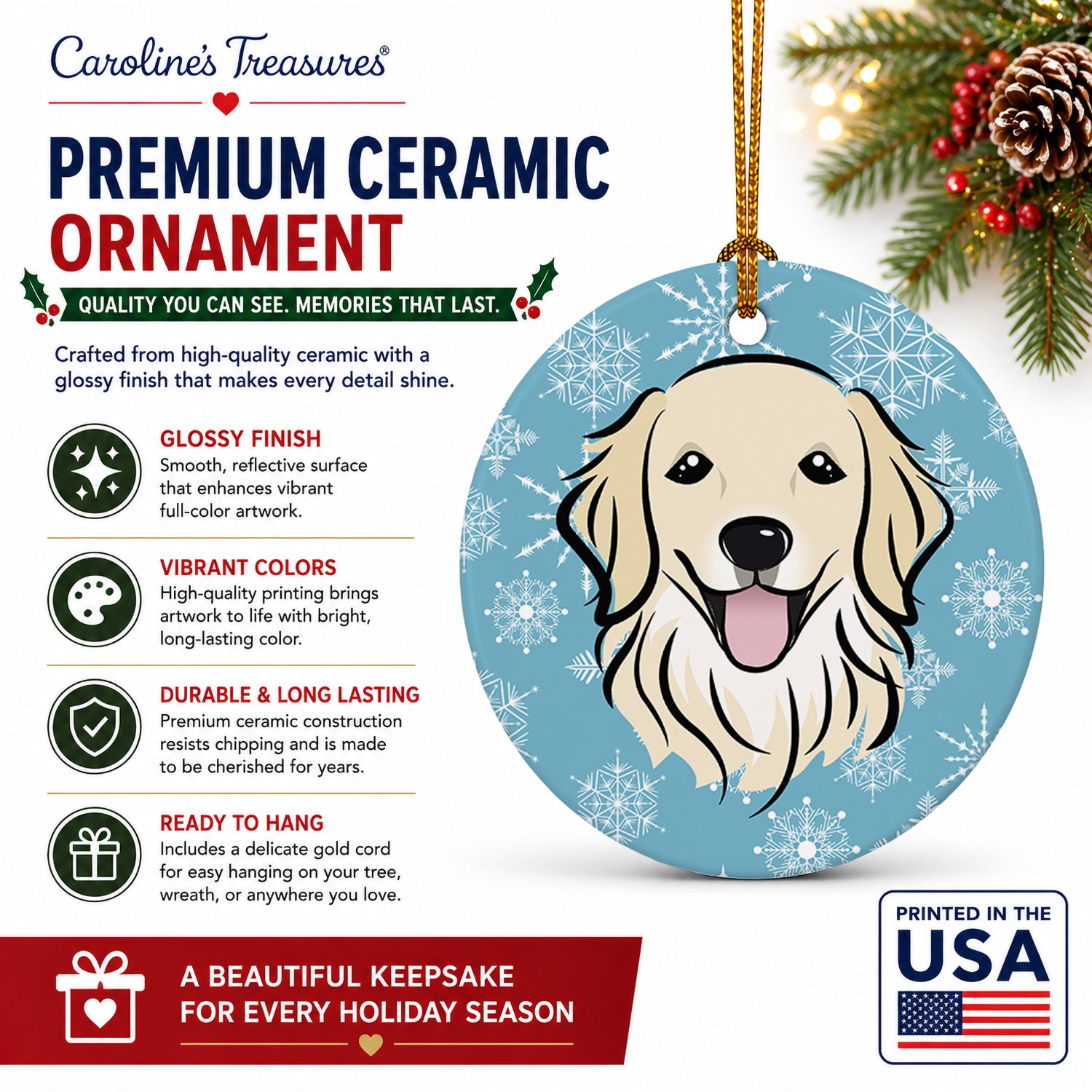 Snowflake Golden Retriever Ceramic Ornament Christmas Tree Hanging Decorations for Home Christmas Holiday, Party, Gift, 3 in, Multicolor