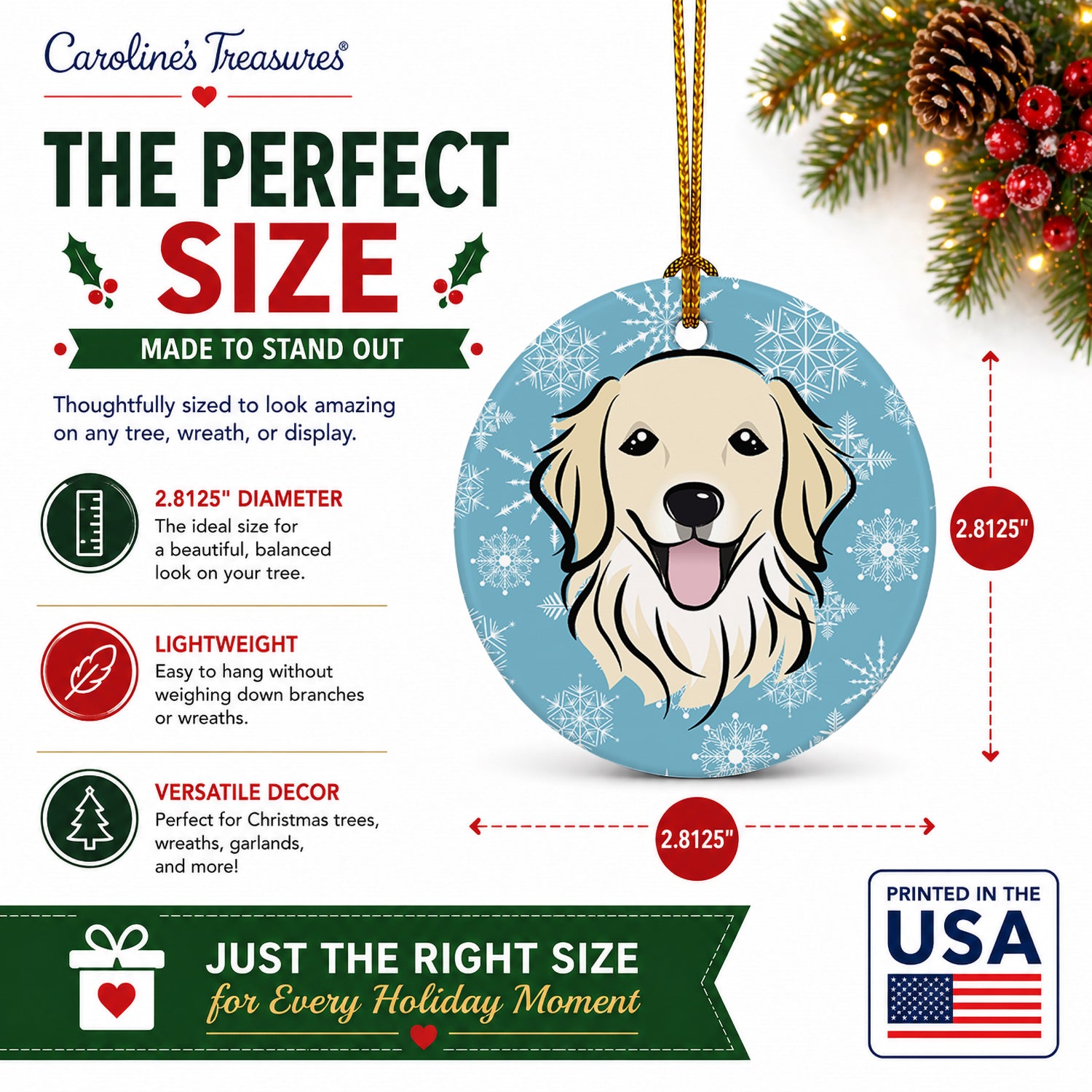 Snowflake Golden Retriever Ceramic Ornament Christmas Tree Hanging Decorations for Home Christmas Holiday, Party, Gift, 3 in, Multicolor