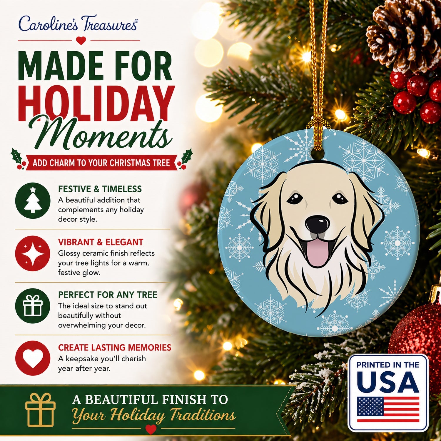 Snowflake Golden Retriever Ceramic Ornament Christmas Tree Hanging Decorations for Home Christmas Holiday, Party, Gift, 3 in, Multicolor