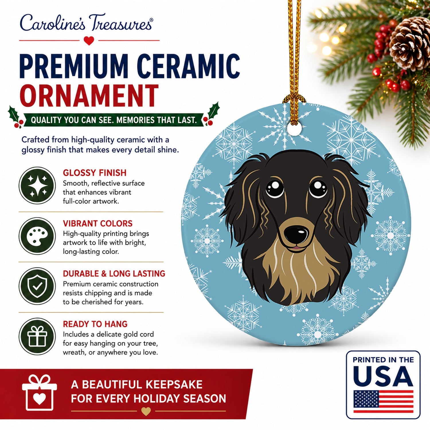 Snowflake Longhair Black and Tan Dachshund Ceramic Ornament Christmas Tree Hanging Decorations for Home Christmas Holiday, Party, Gift, 3 in, Multicolor