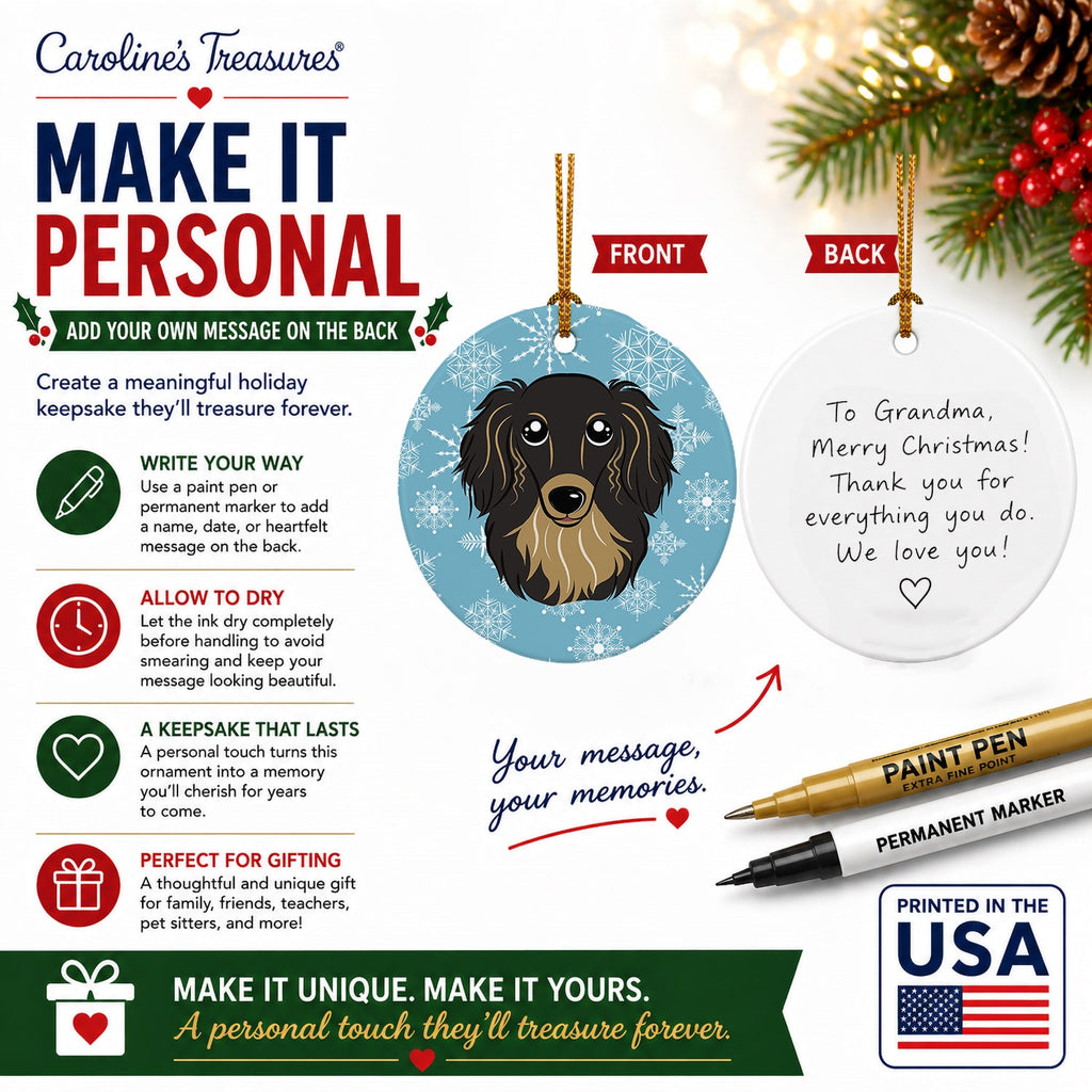 Snowflake Longhair Black and Tan Dachshund Ceramic Ornament Christmas Tree Hanging Decorations for Home Christmas Holiday, Party, Gift, 3 in, Multicolor