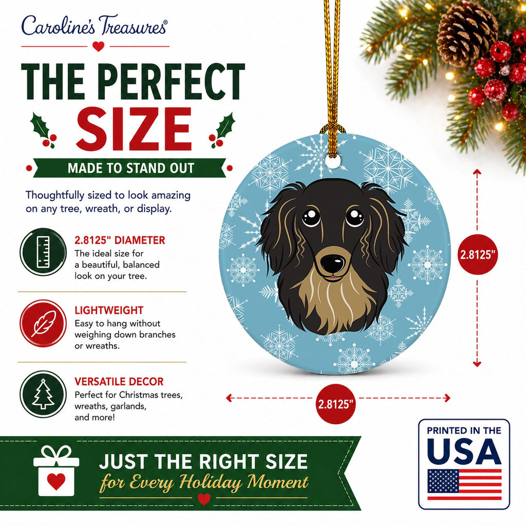 Snowflake Longhair Black and Tan Dachshund Ceramic Ornament Christmas Tree Hanging Decorations for Home Christmas Holiday, Party, Gift, 3 in, Multicolor