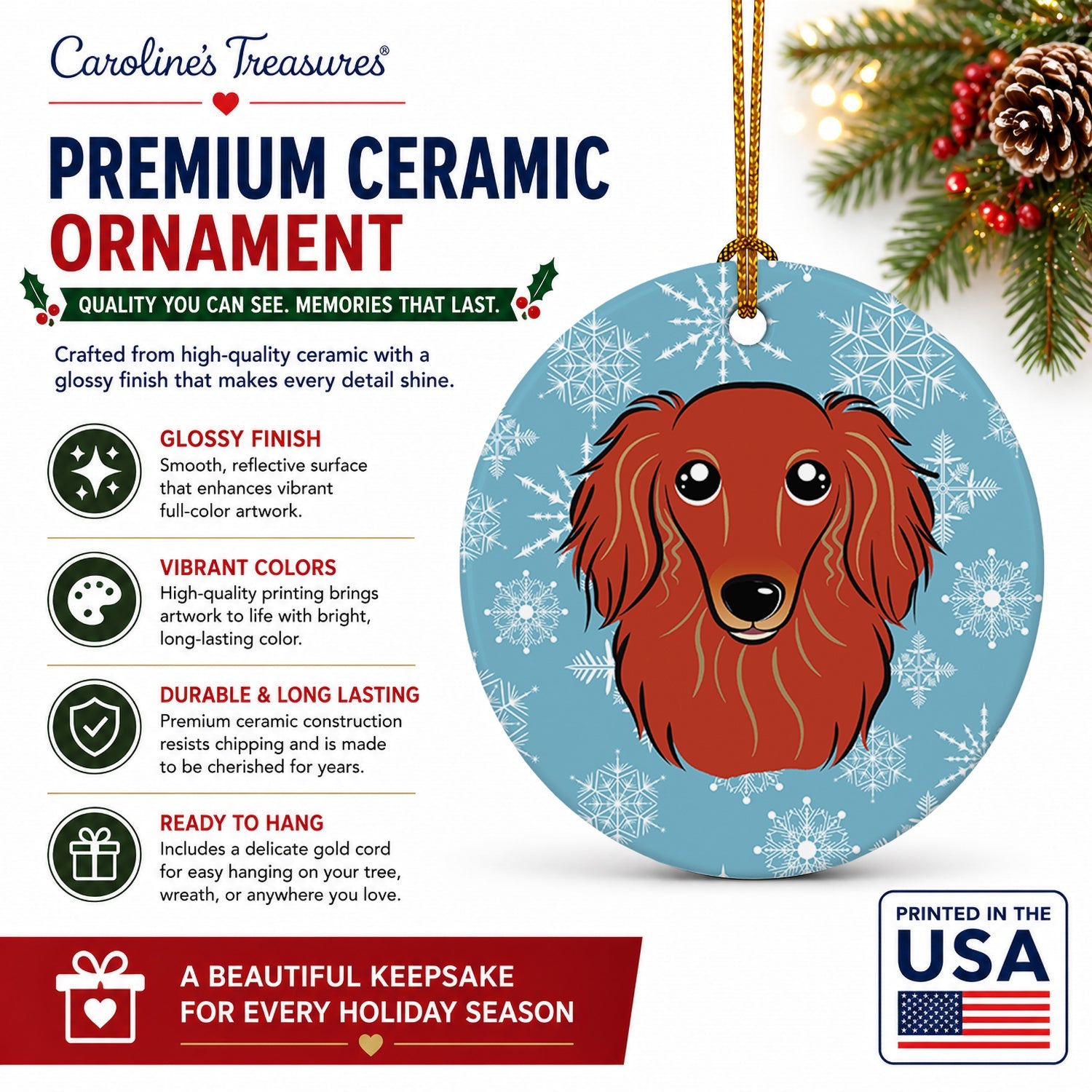 Snowflake Longhair Red Dachshund Ceramic Ornament Christmas Tree Hanging Decorations for Home Christmas Holiday, Party, Gift, 3 in, Multicolor