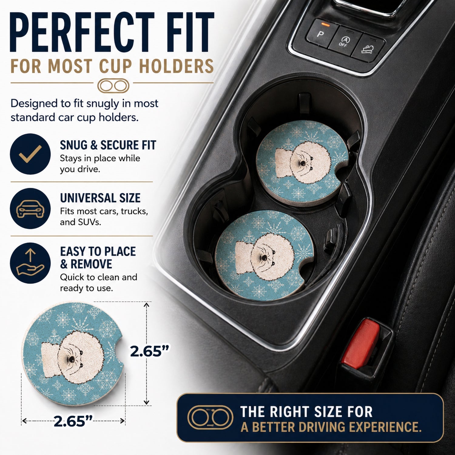 Snowflake Bichon Frise Set of 2 Cup Holder Car Coasters Absorbent Round Sandstone Coasters Gifts for Men or Women, 2.5, Multicolor