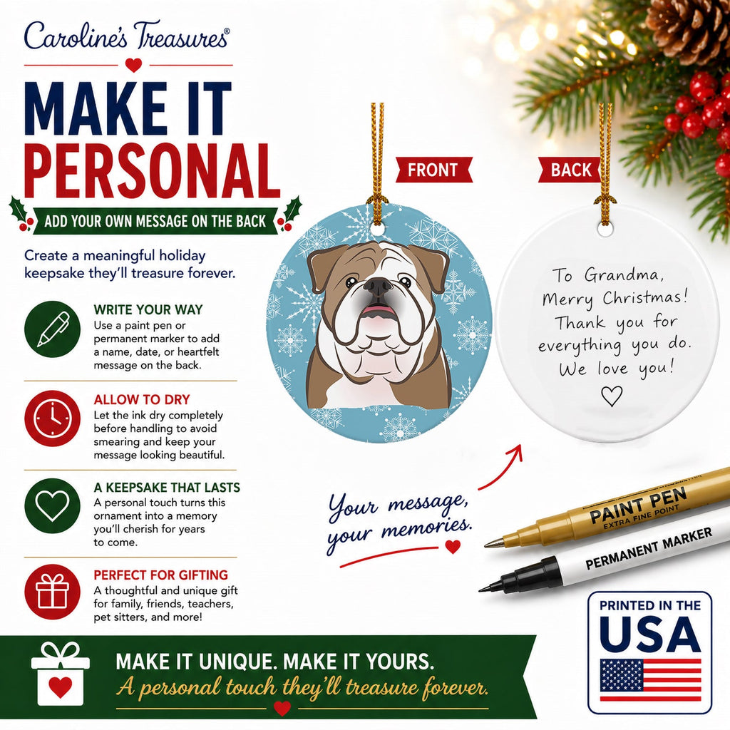 Snowflake English Bulldog  Ceramic Ornament Christmas Tree Hanging Decorations for Home Christmas Holiday, Party, Gift, 3 in, Multicolor