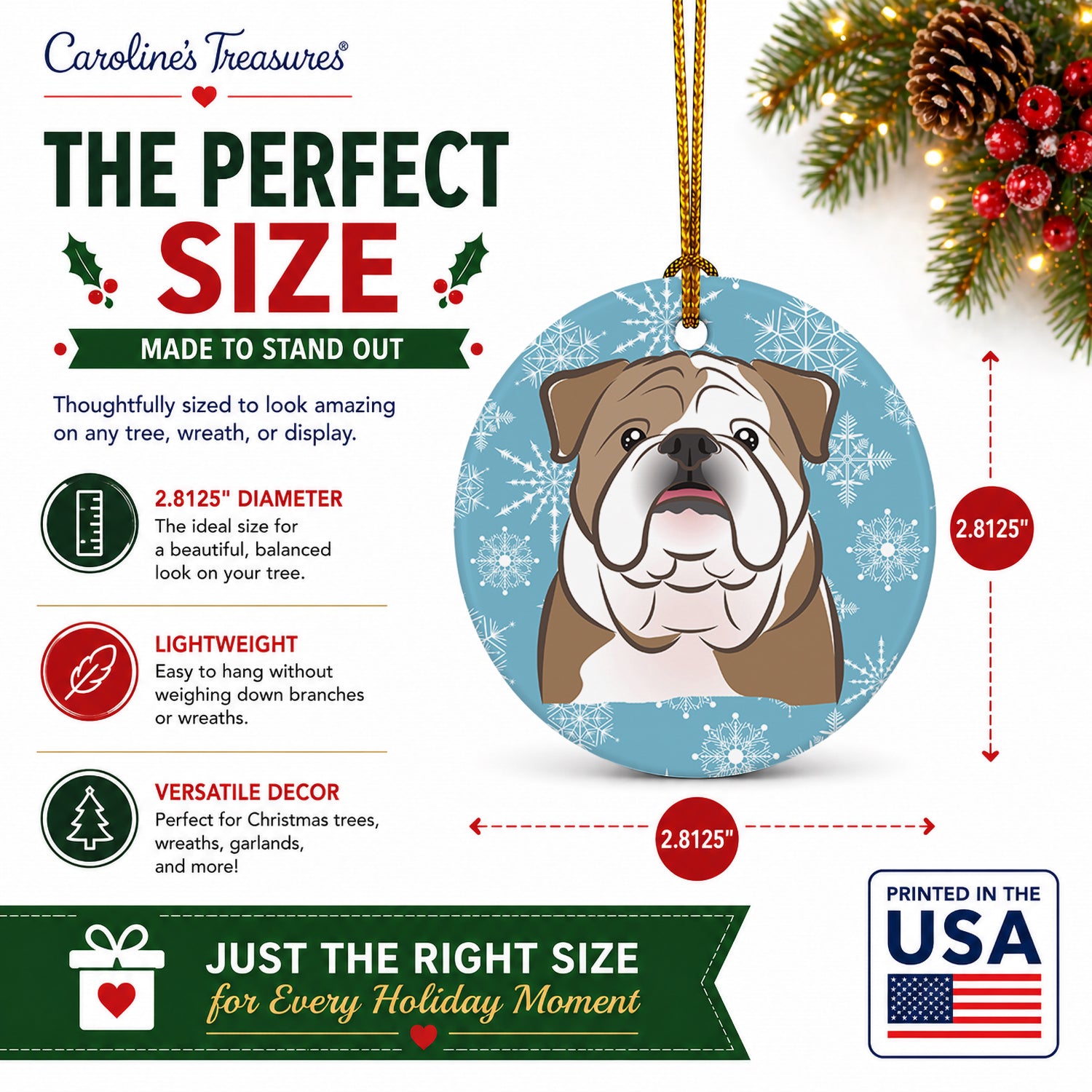 Snowflake English Bulldog  Ceramic Ornament Christmas Tree Hanging Decorations for Home Christmas Holiday, Party, Gift, 3 in, Multicolor