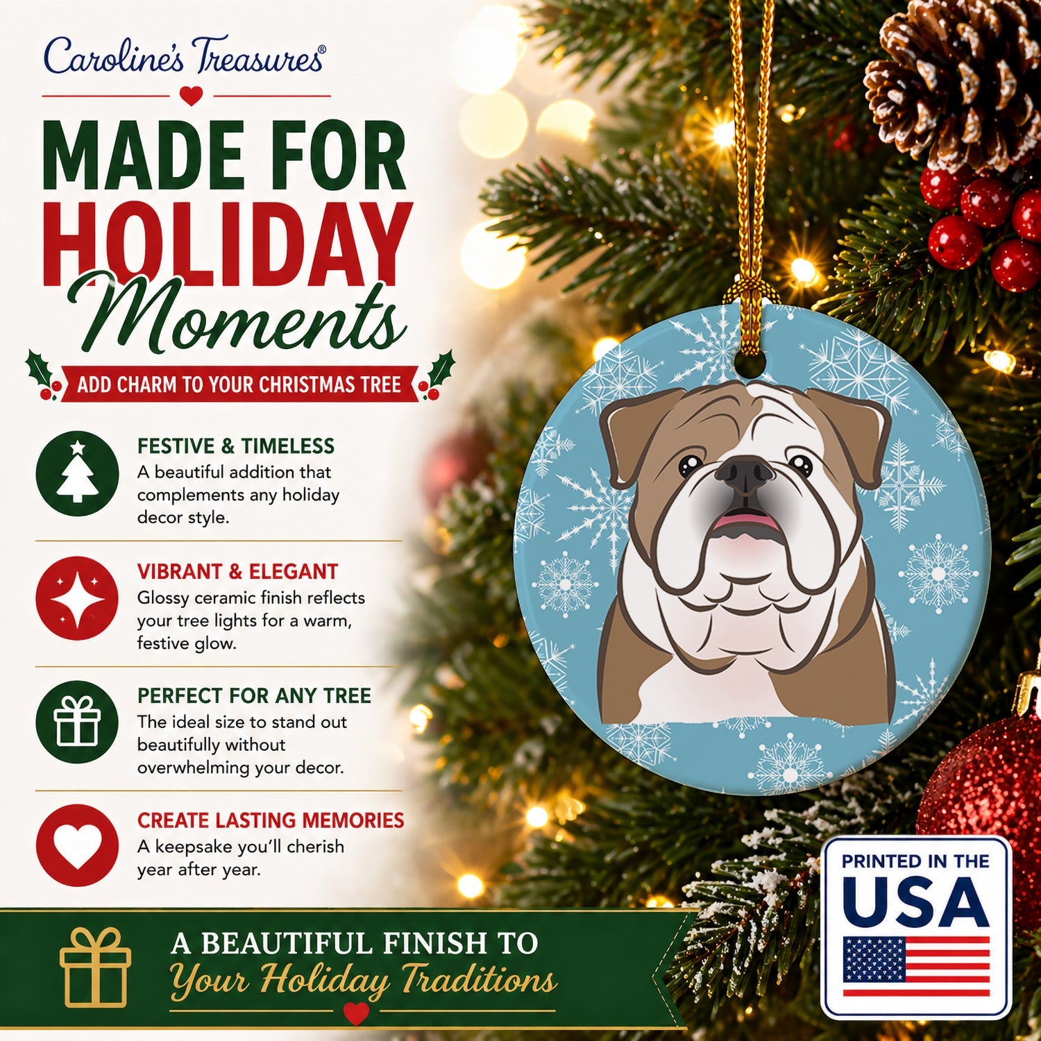 Snowflake English Bulldog  Ceramic Ornament Christmas Tree Hanging Decorations for Home Christmas Holiday, Party, Gift, 3 in, Multicolor
