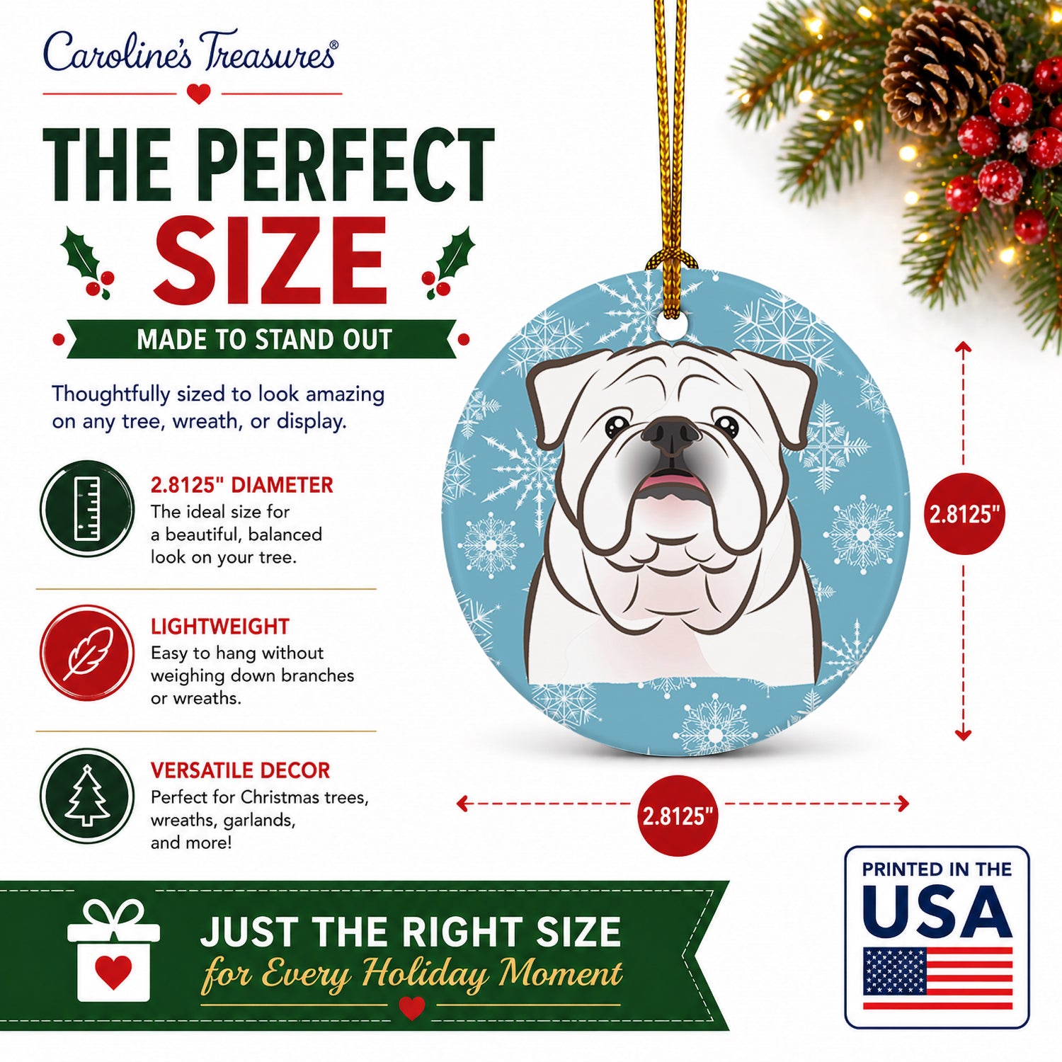 Snowflake White English Bulldog  Ceramic Ornament Christmas Tree Hanging Decorations for Home Christmas Holiday, Party, Gift, 3 in, Multicolor