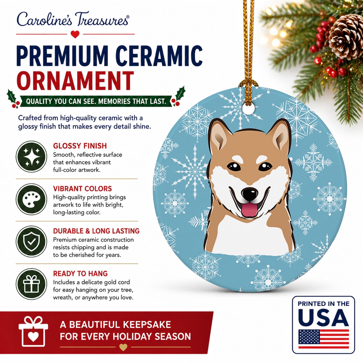 Snowflake Shiba Inu Ceramic Ornament Christmas Tree Hanging Decorations for Home Christmas Holiday, Party, Gift, 3 in, Multicolor