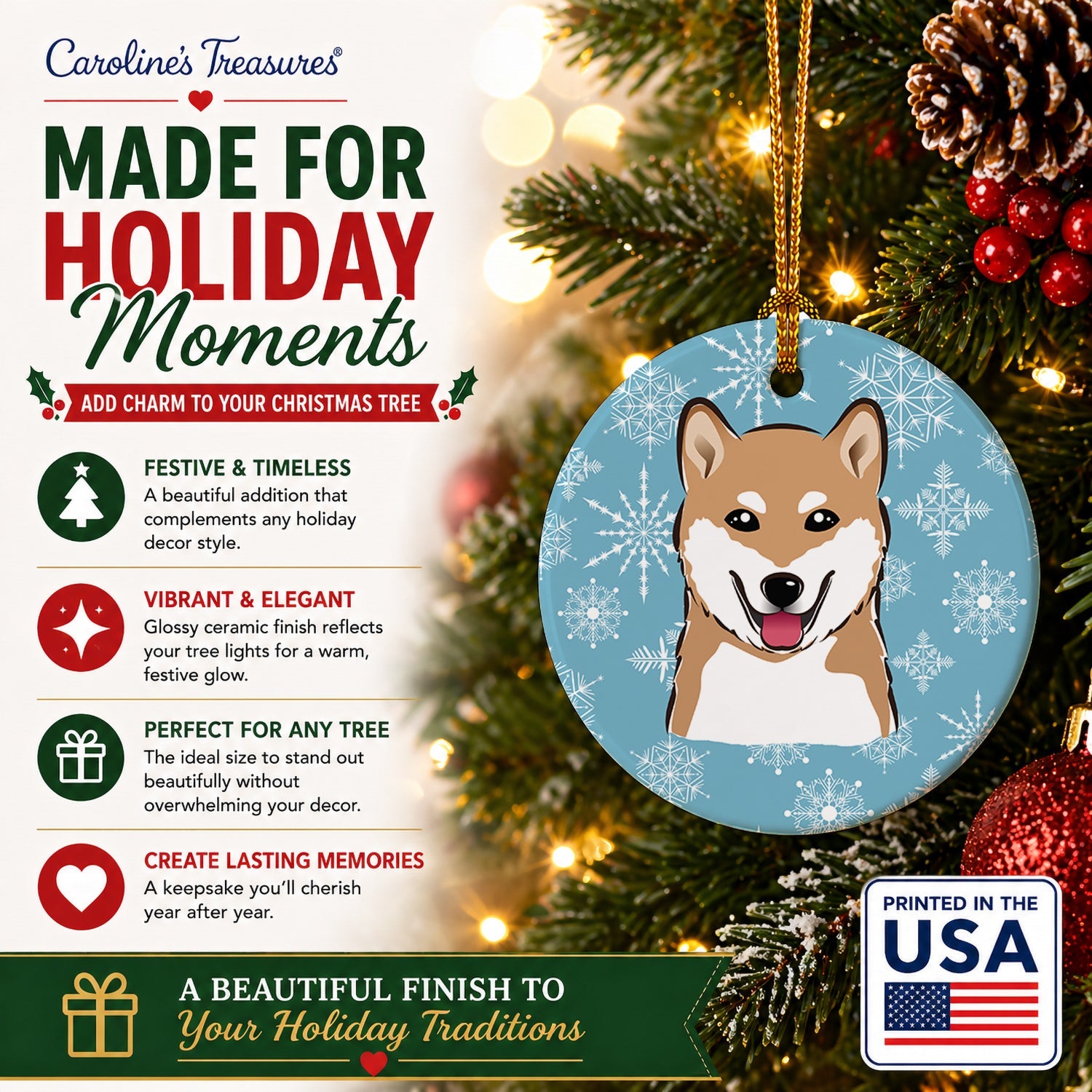 Snowflake Shiba Inu Ceramic Ornament Christmas Tree Hanging Decorations for Home Christmas Holiday, Party, Gift, 3 in, Multicolor