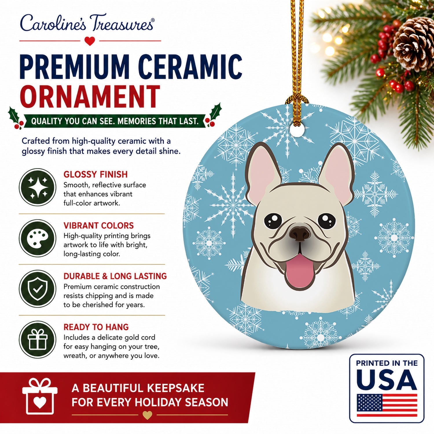 Snowflake French Bulldog Ceramic Ornament Christmas Tree Hanging Decorations for Home Christmas Holiday, Party, Gift, 3 in, Multicolor