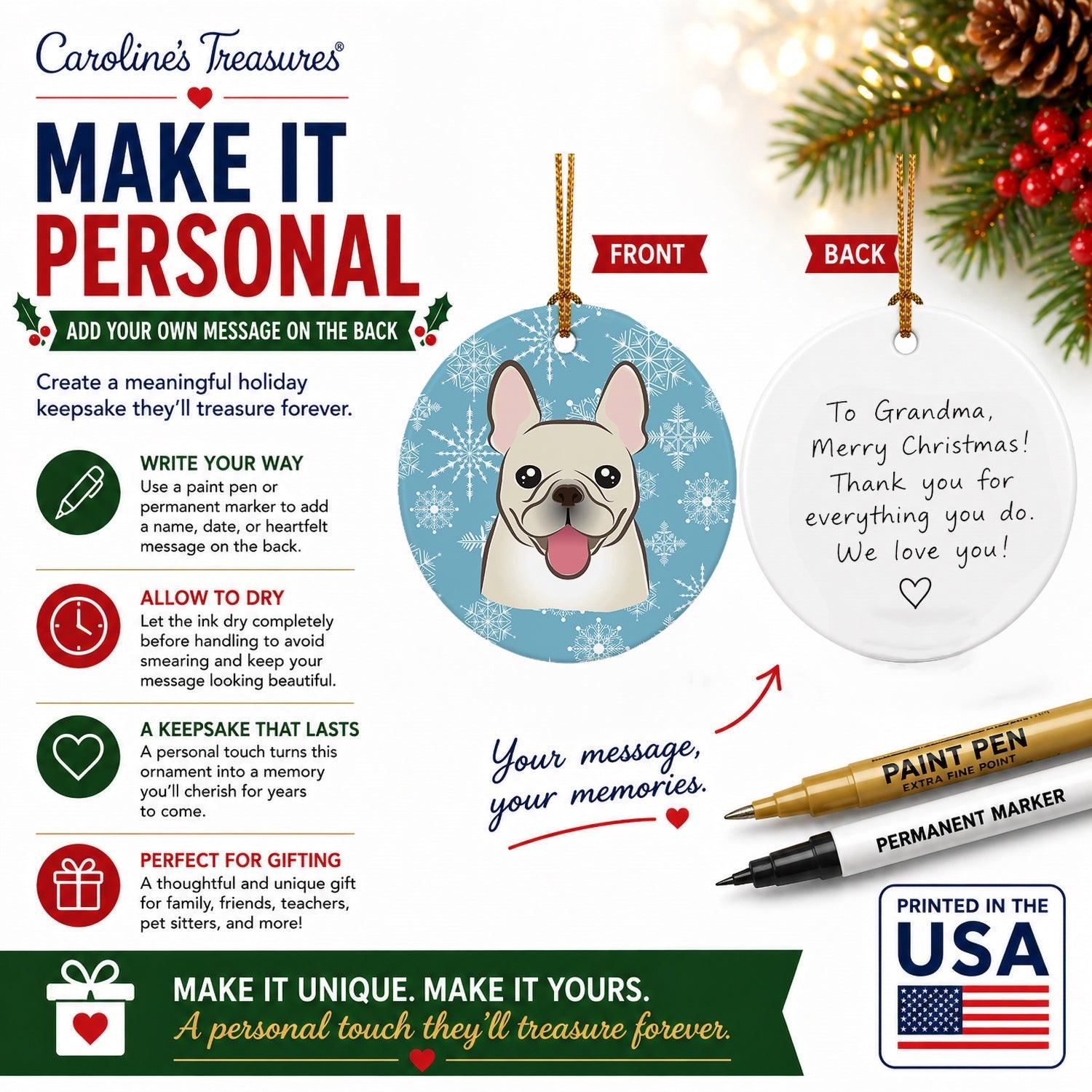 Snowflake French Bulldog Ceramic Ornament Christmas Tree Hanging Decorations for Home Christmas Holiday, Party, Gift, 3 in, Multicolor