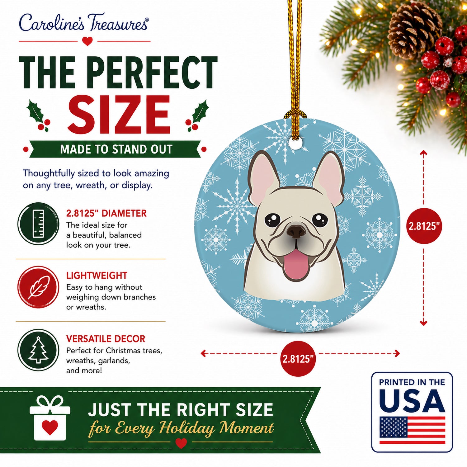 Snowflake French Bulldog Ceramic Ornament Christmas Tree Hanging Decorations for Home Christmas Holiday, Party, Gift, 3 in, Multicolor