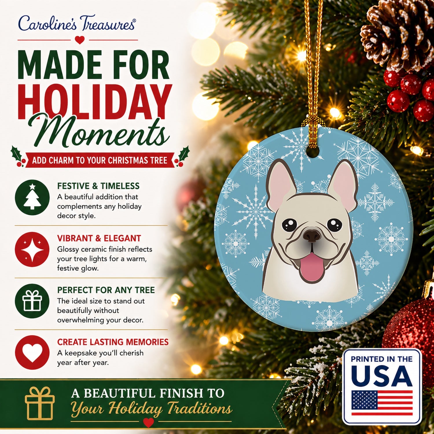 Snowflake French Bulldog Ceramic Ornament Christmas Tree Hanging Decorations for Home Christmas Holiday, Party, Gift, 3 in, Multicolor