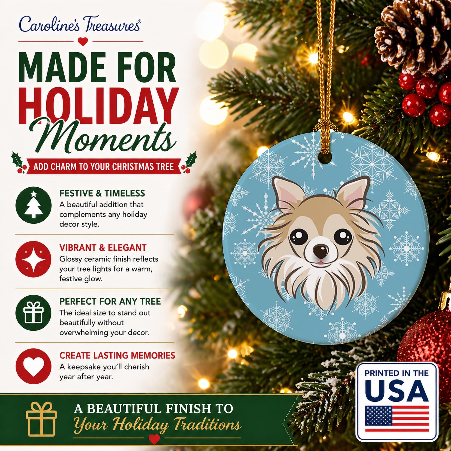 Snowflake Chihuahua Ceramic Ornament Christmas Tree Hanging Decorations for Home Christmas Holiday, Party, Gift, 3 in, Multicolor