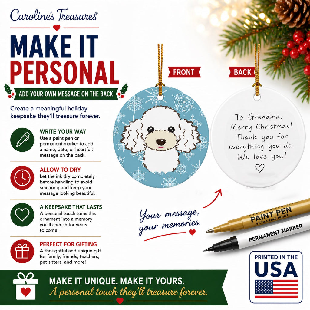 Snowflake White Poodle Ceramic Ornament Christmas Tree Hanging Decorations for Home Christmas Holiday, Party, Gift, 3 in, Multicolor