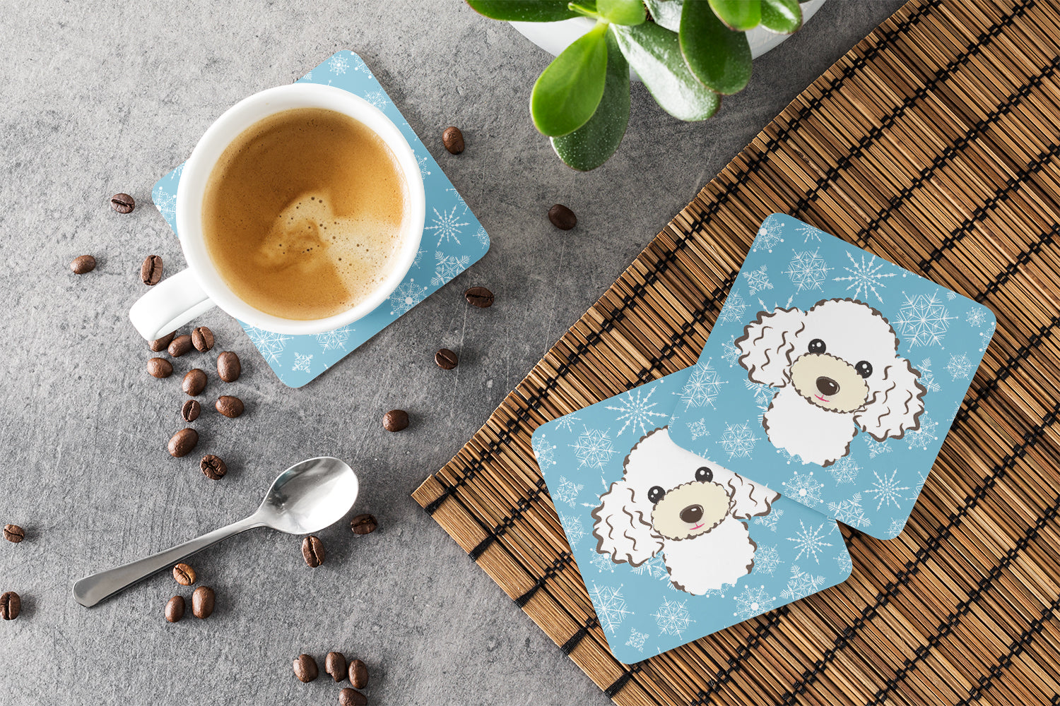 Snowflake White Poodle Foam Coasters Set of 4 Cup Coasters for Indoor Outdoor, Tabletop Protection, Anti Slip, Mouse pad Material