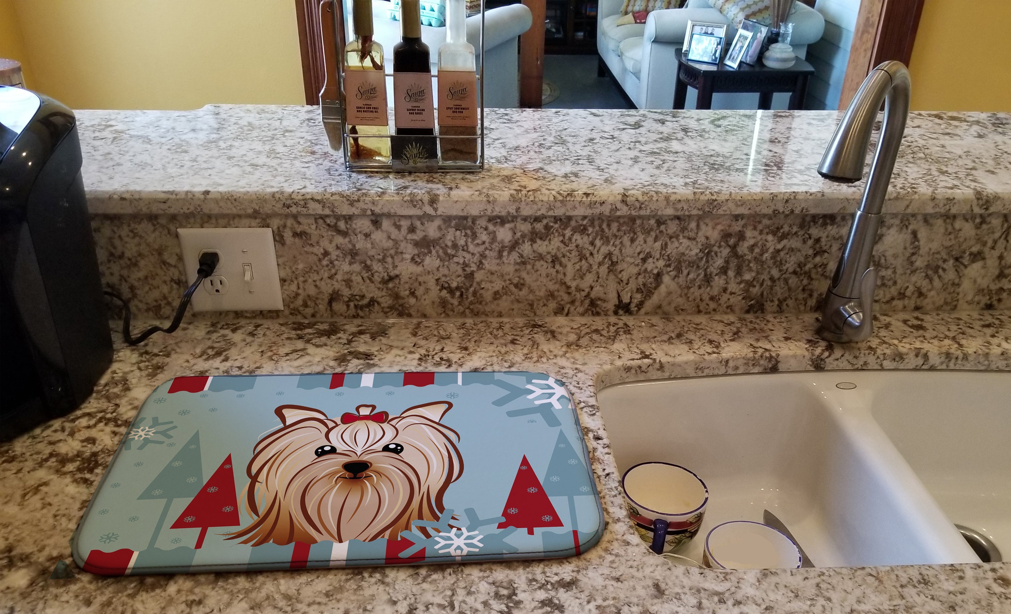 Winter Holiday Yorkie Yorkishire Terrier Dish Drying Mat Absorbent Dish Drying Mat Pad for Kitchen Counter Dish Drainer Mat for Countertop, 14 x 21", Multicolor