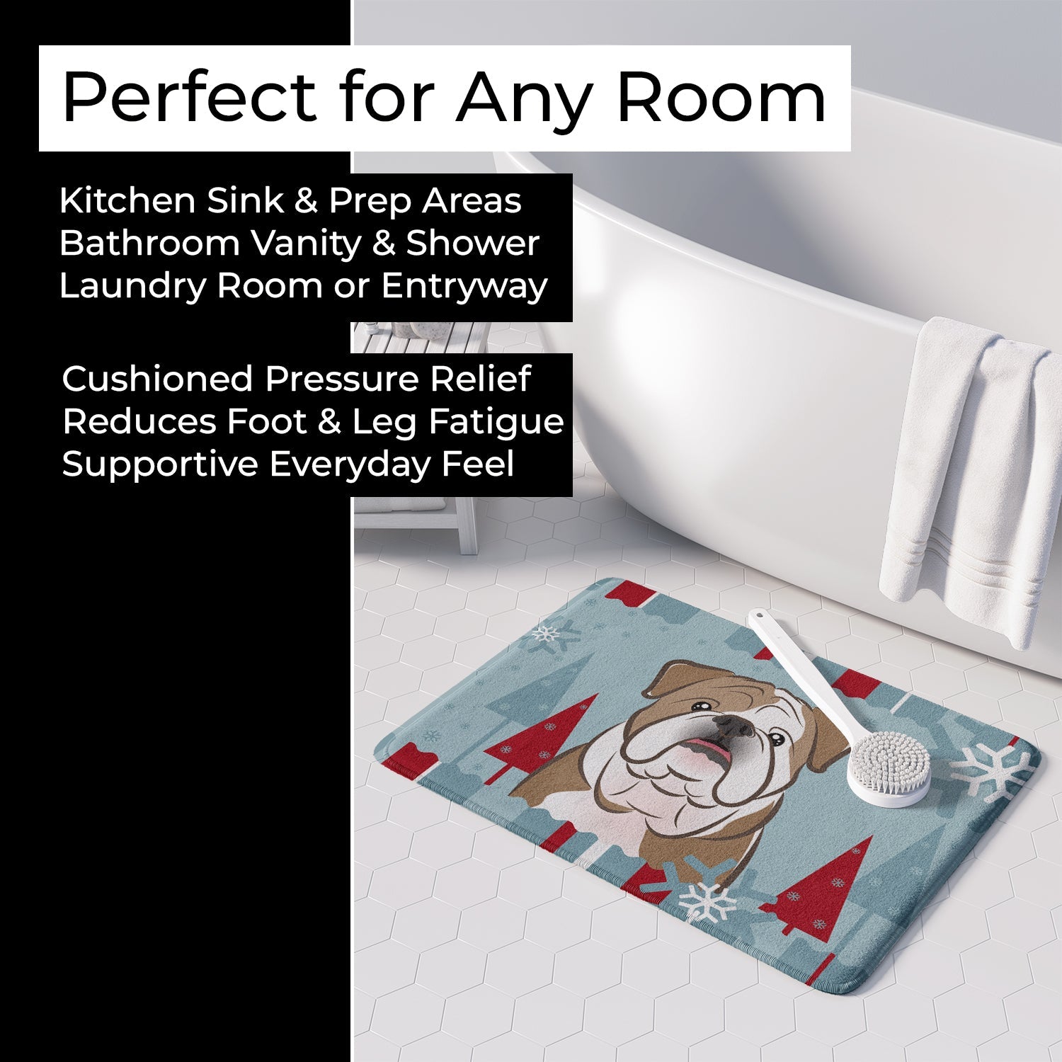 Winter Holiday English Bulldog Memory Foam Kitchen Mat Machine Washable Anti-Fatigue Cushion Comfort Bath or Kitchen Rug