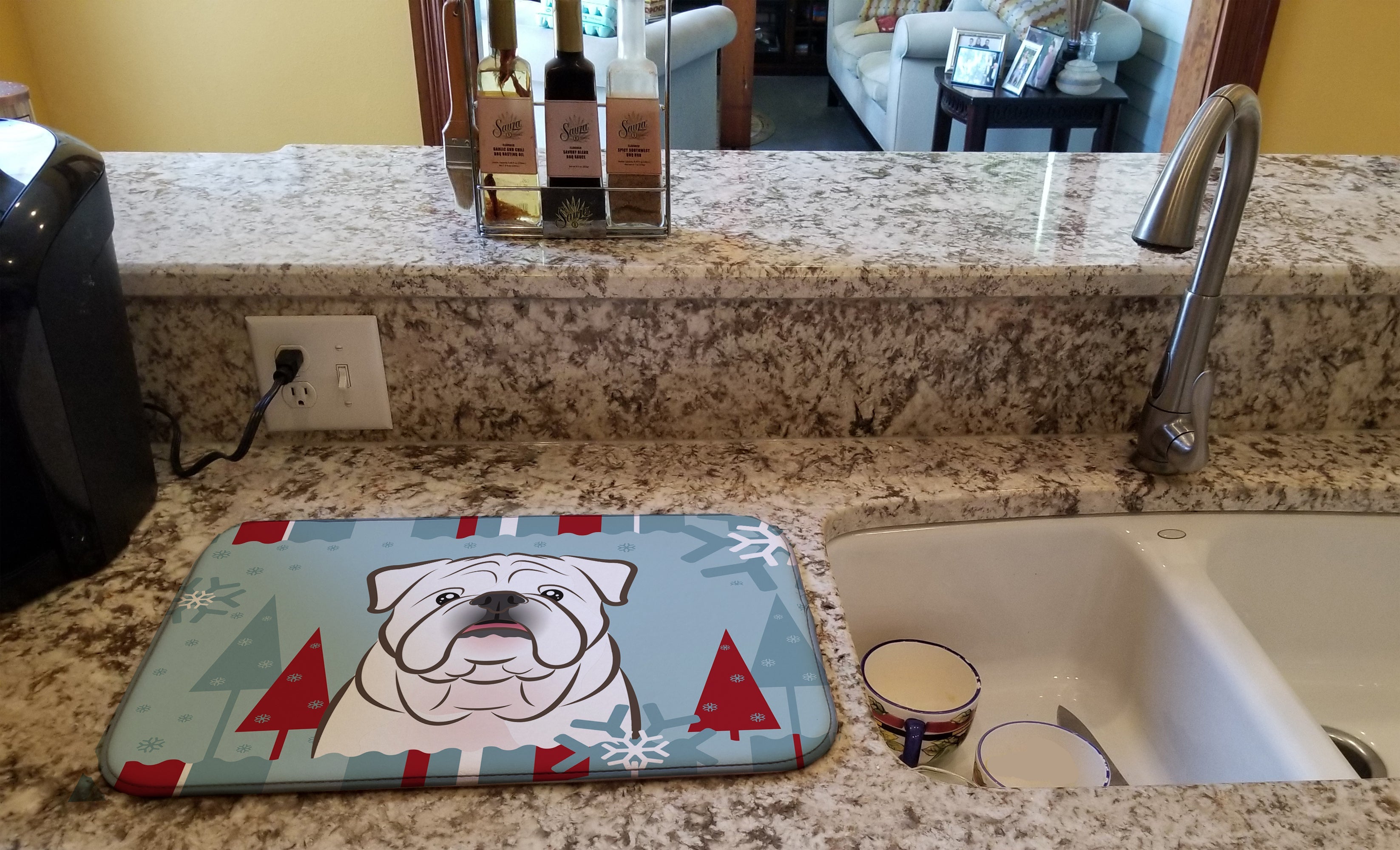 Winter Holiday White English Bulldog Dish Drying Mat Absorbent Dish Drying Mat Pad for Kitchen Counter Dish Drainer Mat for Countertop, 14 x 21", Multicolor