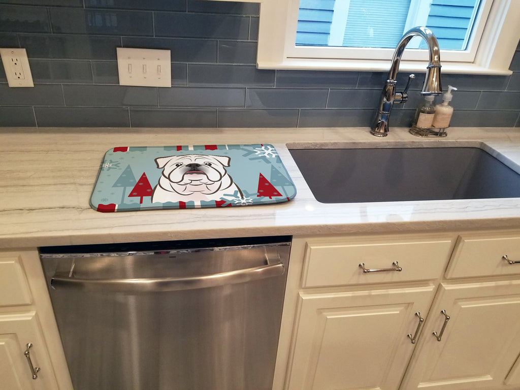 Winter Holiday White English Bulldog Dish Drying Mat Absorbent Dish Drying Mat Pad for Kitchen Counter Dish Drainer Mat for Countertop, 14 x 21", Multicolor