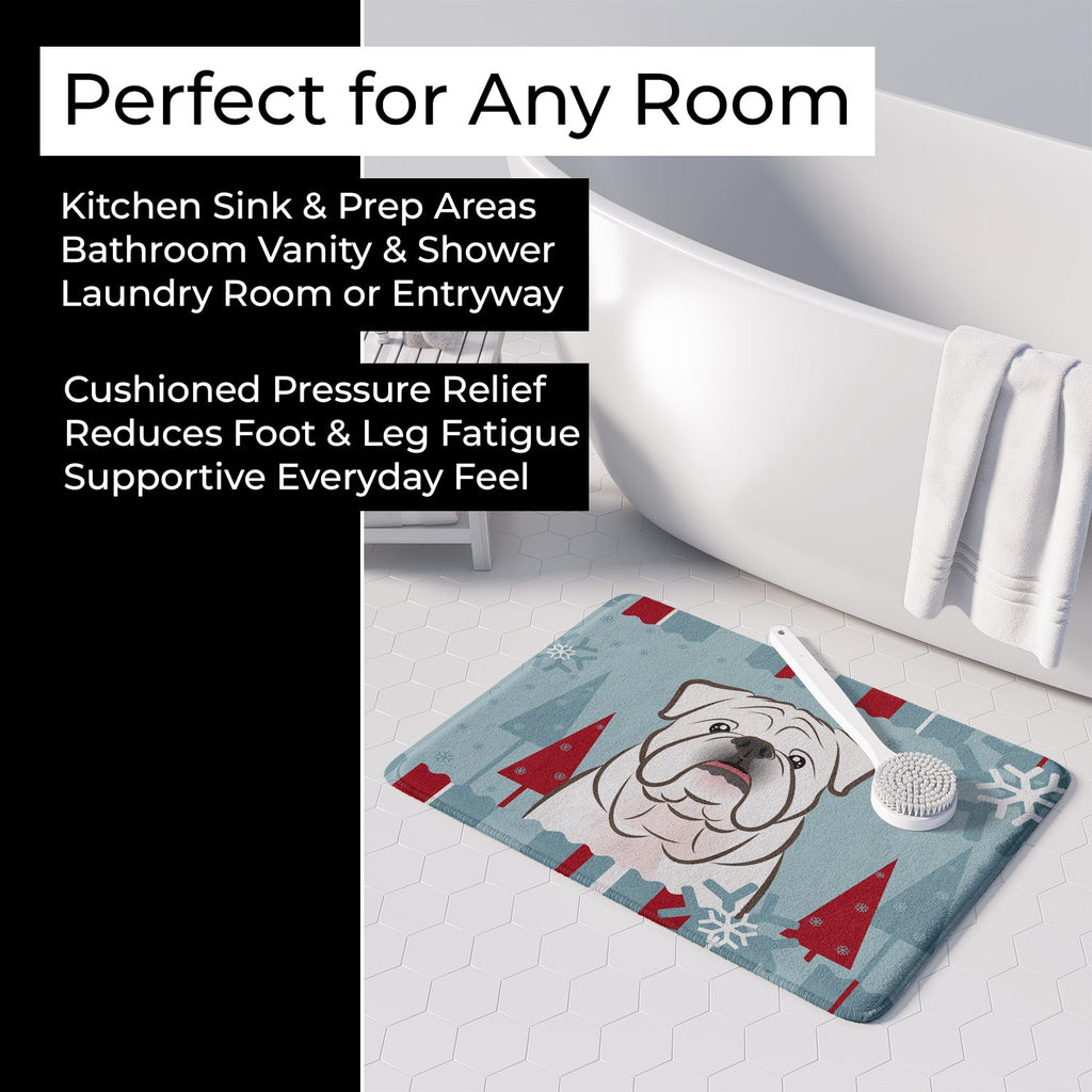 Winter Holiday White English Bulldog Memory Foam Kitchen Mat Machine Washable Anti-Fatigue Cushion Comfort Bath or Kitchen Rug