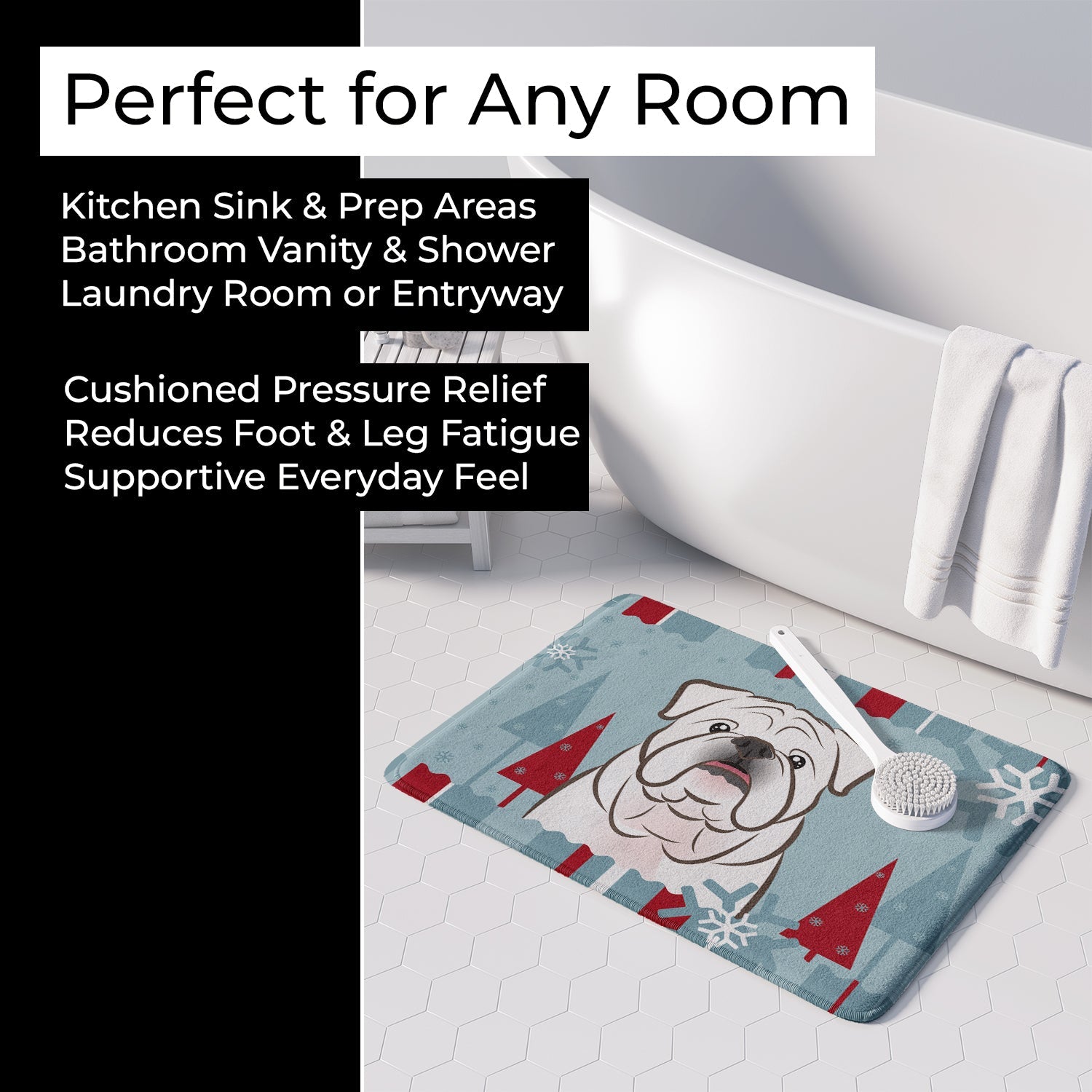 Winter Holiday White English Bulldog Memory Foam Kitchen Mat Machine Washable Anti-Fatigue Cushion Comfort Bath or Kitchen Rug