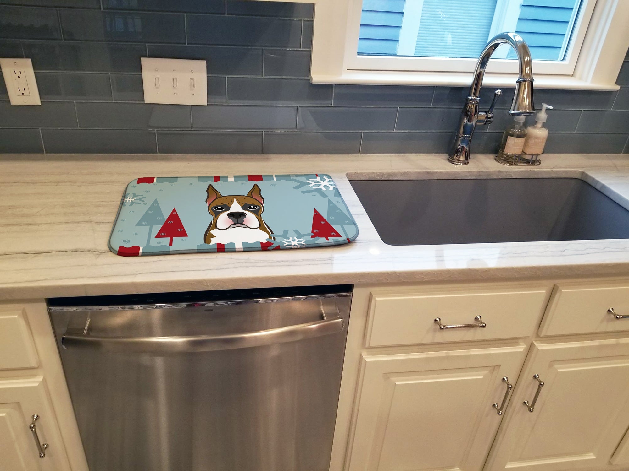 Winter Holiday Boxer Dish Drying Mat Absorbent Dish Drying Mat Pad for Kitchen Counter Dish Drainer Mat for Countertop, 14 x 21", Multicolor