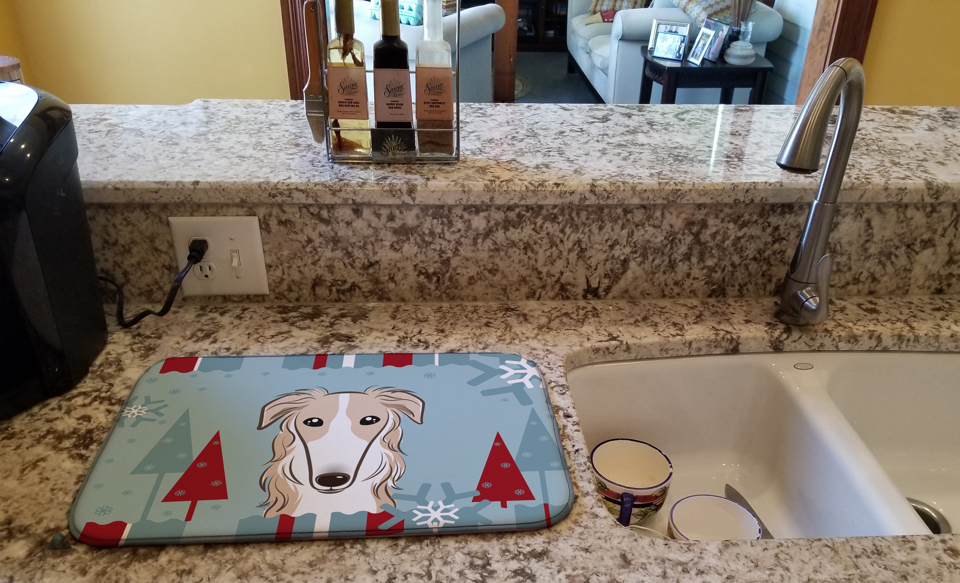Winter Holiday Borzoi Dish Drying Mat Absorbent Dish Drying Mat Pad for Kitchen Counter Dish Drainer Mat for Countertop, 14 x 21", Multicolor