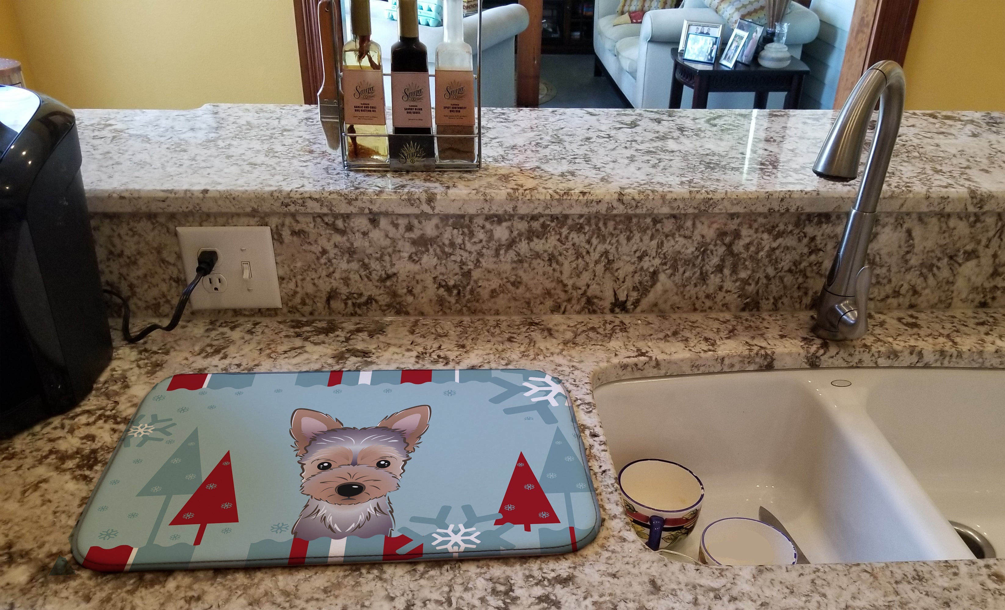 Winter Holiday Yorkie Puppy Dish Drying Mat Absorbent Dish Drying Mat Pad for Kitchen Counter Dish Drainer Mat for Countertop, 14 x 21", Multicolor