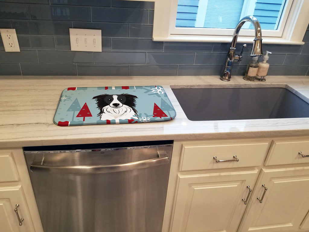 Winter Holiday Border Collie Dish Drying Mat Absorbent Dish Drying Mat Pad for Kitchen Counter Dish Drainer Mat for Countertop, 14 x 21", Multicolor
