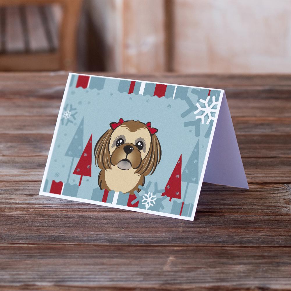 Winter Holiday Chocolate Brown Shih Tzu Greeting Cards Pack of 8 Blank Cards with Envelopes Whimsical A7 Size 5x7
