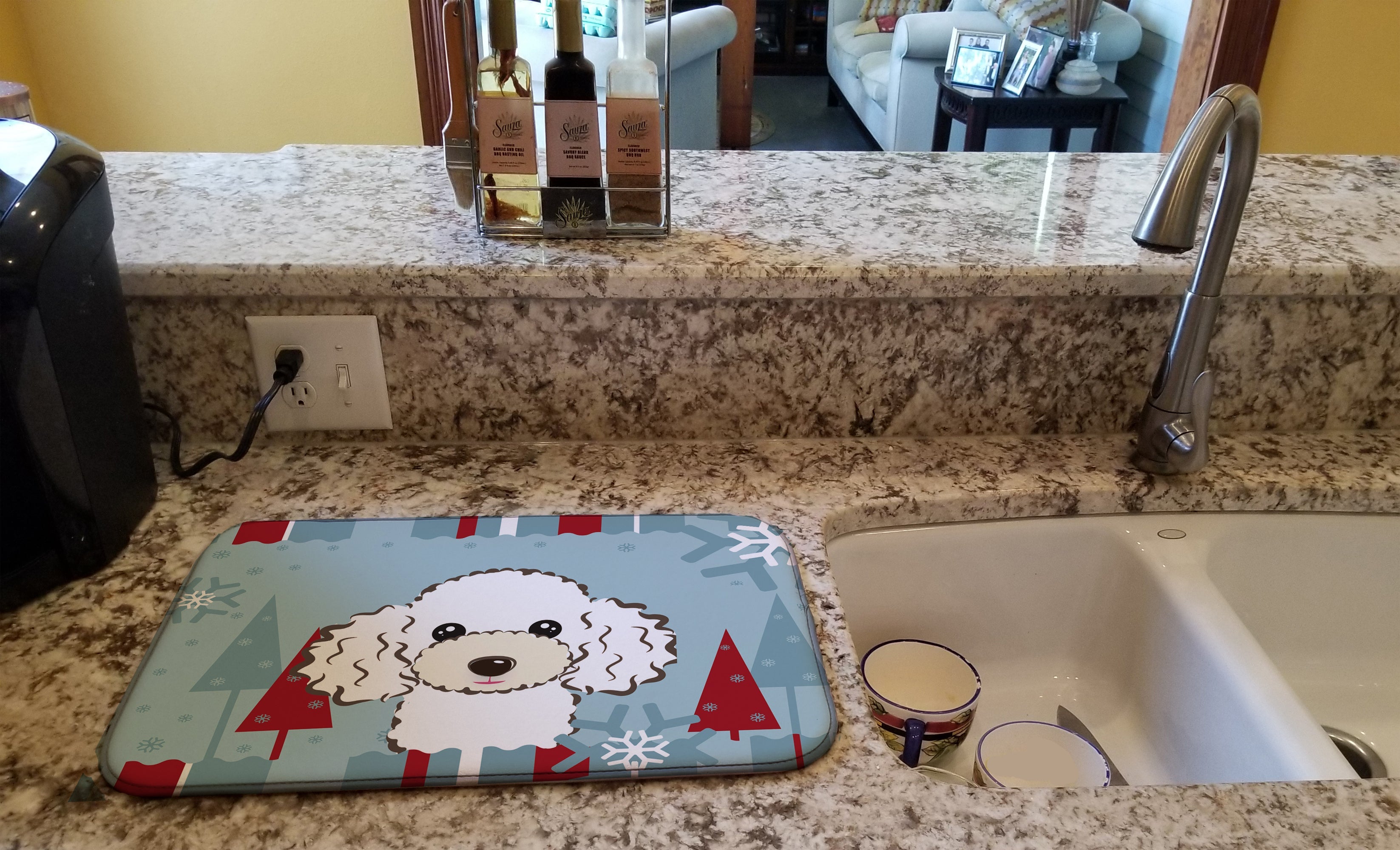 Winter Holiday White Poodle Dish Drying Mat Absorbent Dish Drying Mat Pad for Kitchen Counter Dish Drainer Mat for Countertop, 14 x 21", Multicolor