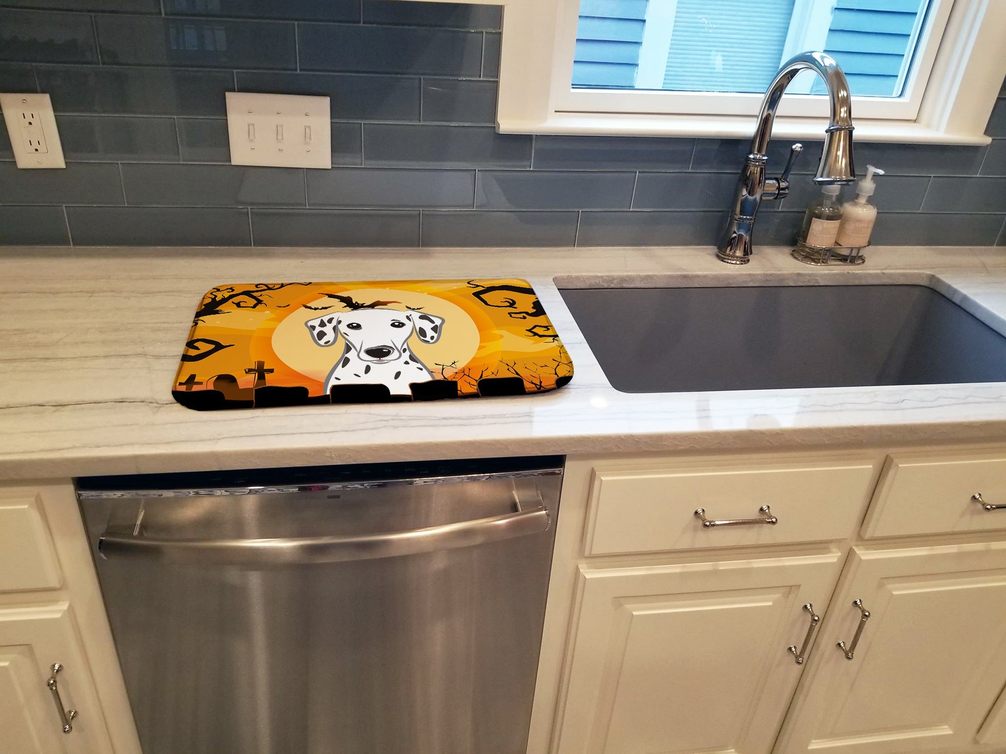 Halloween Dalmatian Dish Drying Mat Absorbent Dish Drying Mat Pad for Kitchen Counter Dish Drainer Mat for Countertop, 14 x 21", Multicolor