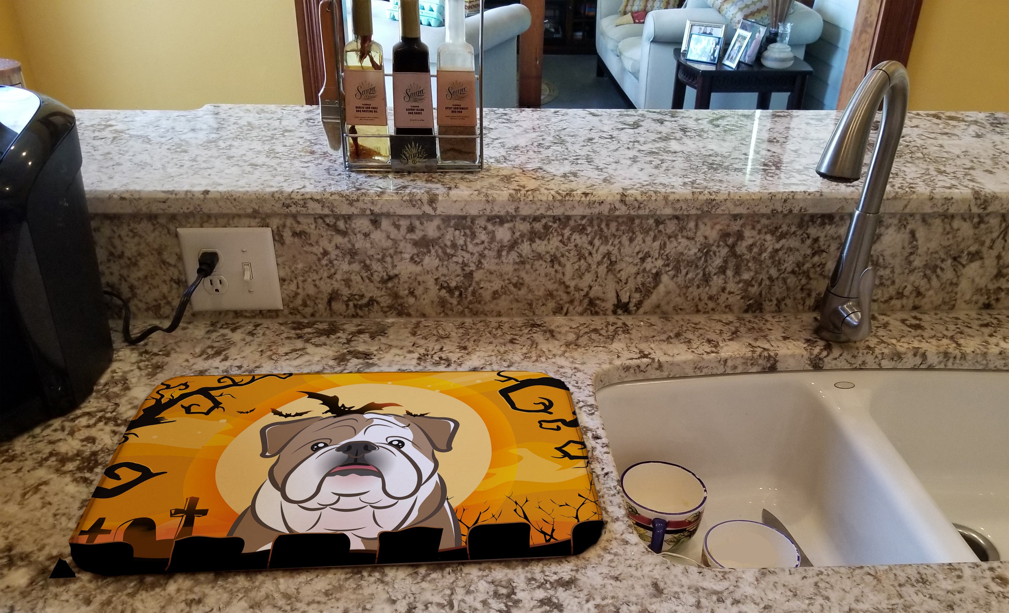 Halloween English Bulldog Dish Drying Mat Absorbent Dish Drying Mat Pad for Kitchen Counter Dish Drainer Mat for Countertop, 14 x 21", Multicolor