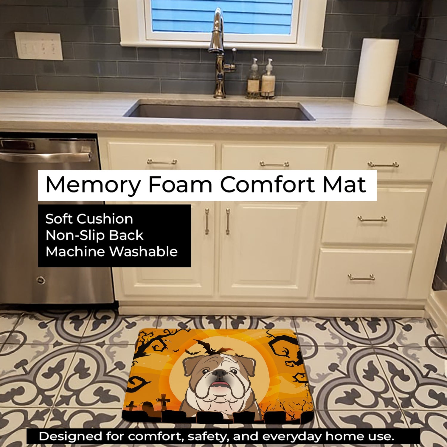 Halloween English Bulldog Memory Foam Kitchen Mat Machine Washable Anti-Fatigue Cushion Comfort Bath or Kitchen Rug