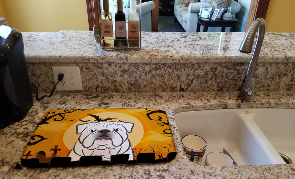 Halloween White English Bulldog Dish Drying Mat Absorbent Dish Drying Mat Pad for Kitchen Counter Dish Drainer Mat for Countertop, 14 x 21", Multicolor