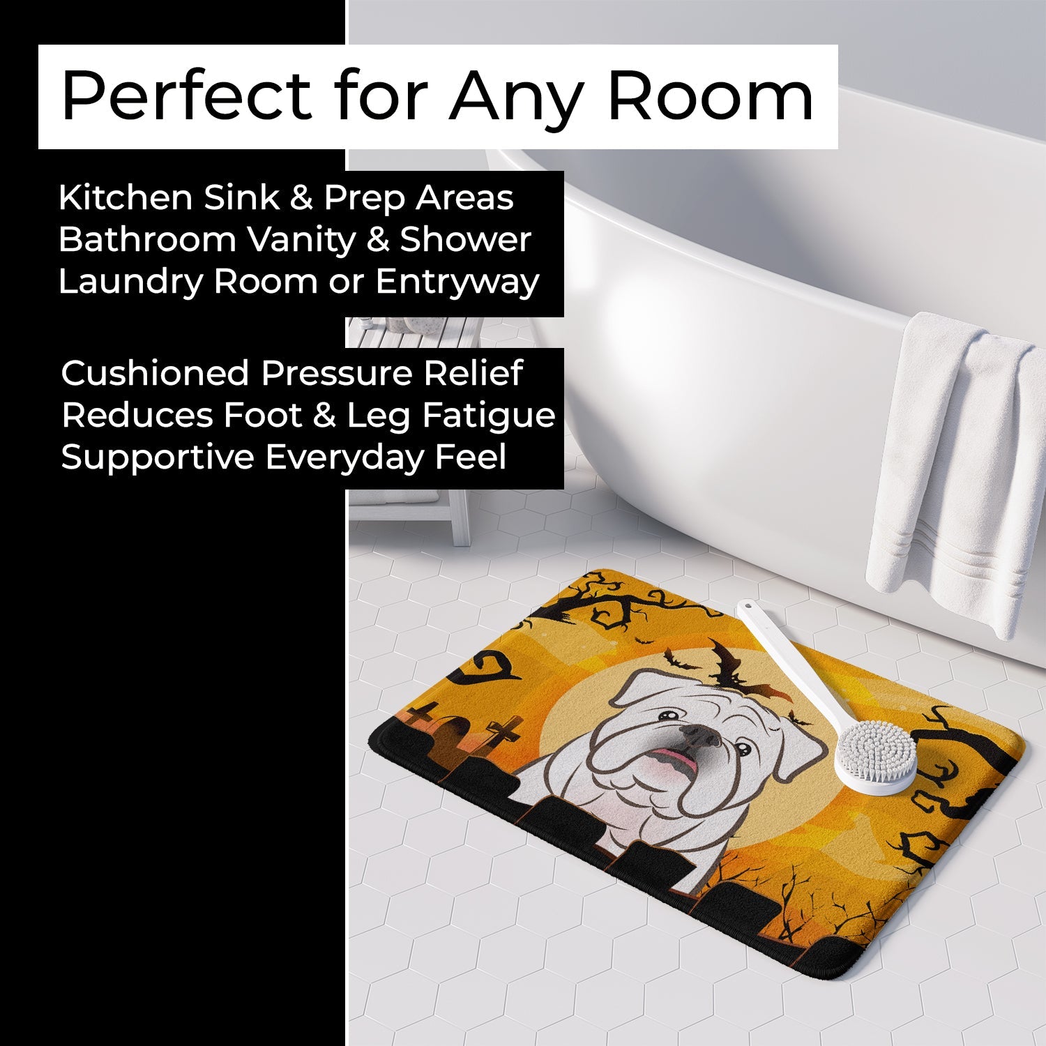 Halloween White English Bulldog Memory Foam Kitchen Mat Machine Washable Anti-Fatigue Cushion Comfort Bath or Kitchen Rug