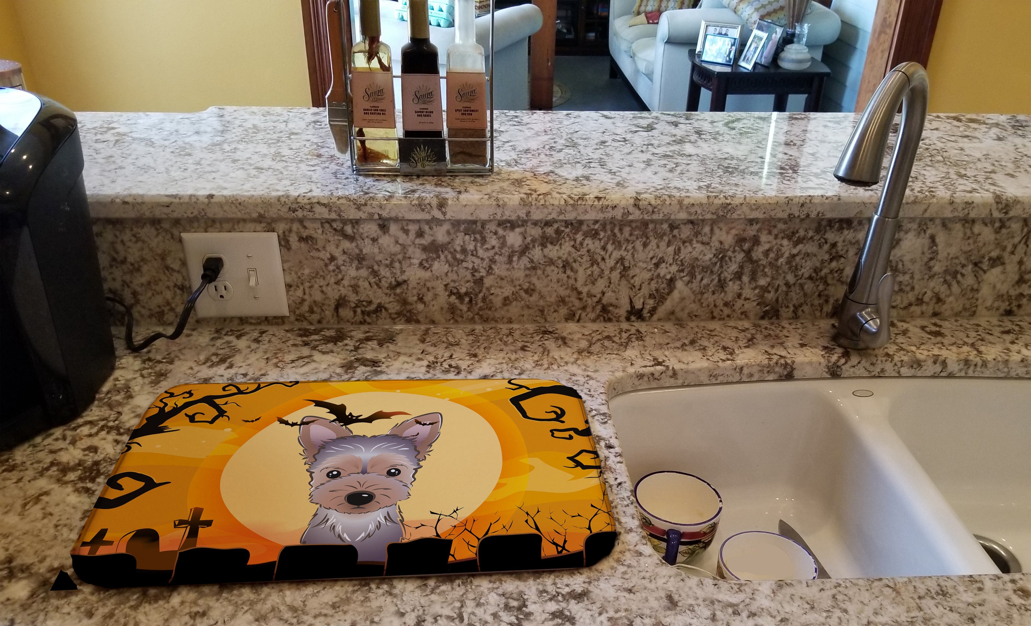 Halloween Yorkie Puppy Dish Drying Mat Absorbent Dish Drying Mat Pad for Kitchen Counter Dish Drainer Mat for Countertop, 14 x 21", Multicolor