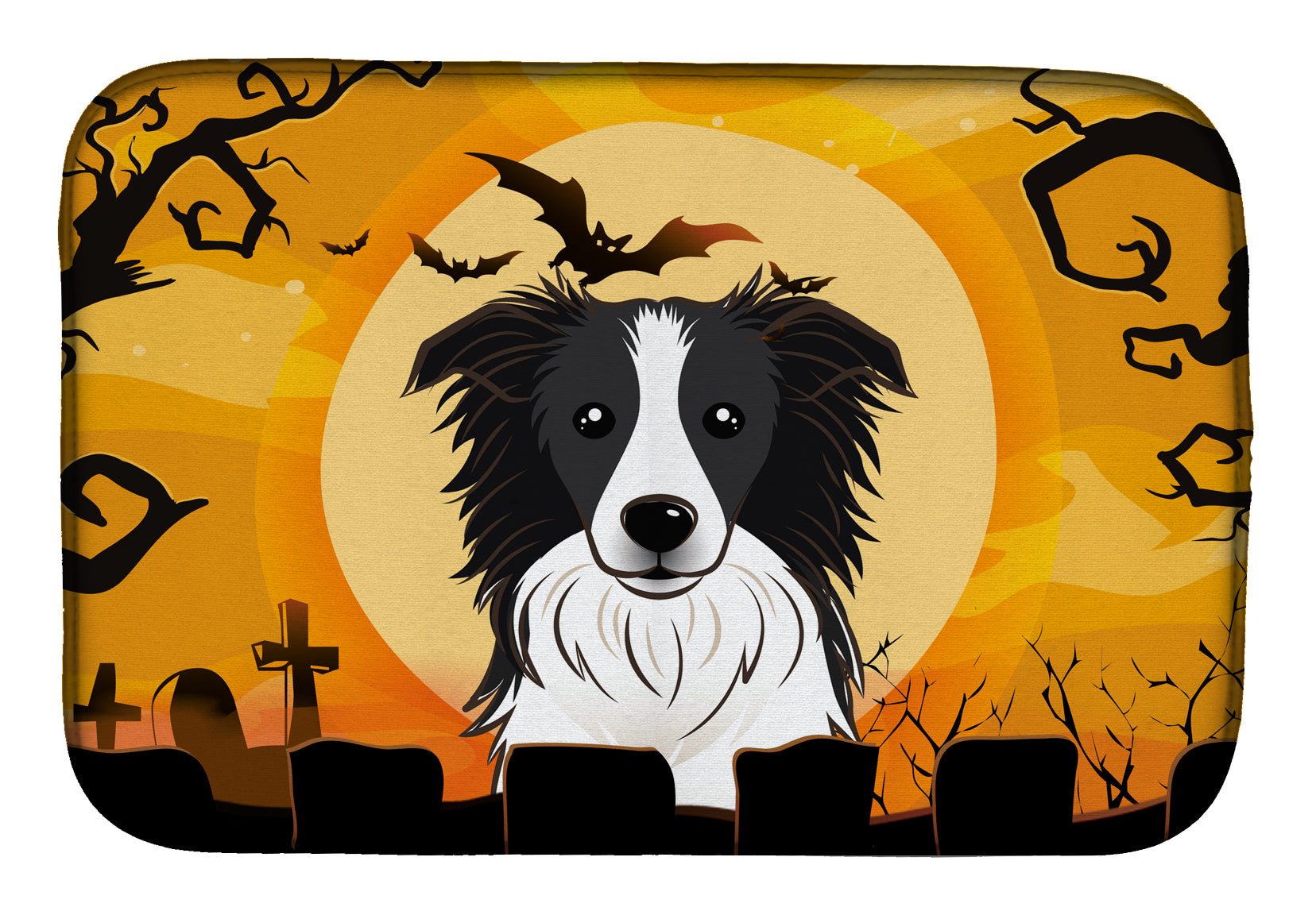 Halloween Border Collie Dish Drying Mat Absorbent Dish Drying Mat Pad for Kitchen Counter Dish Drainer Mat for Countertop, 14 x 21", Multicolor