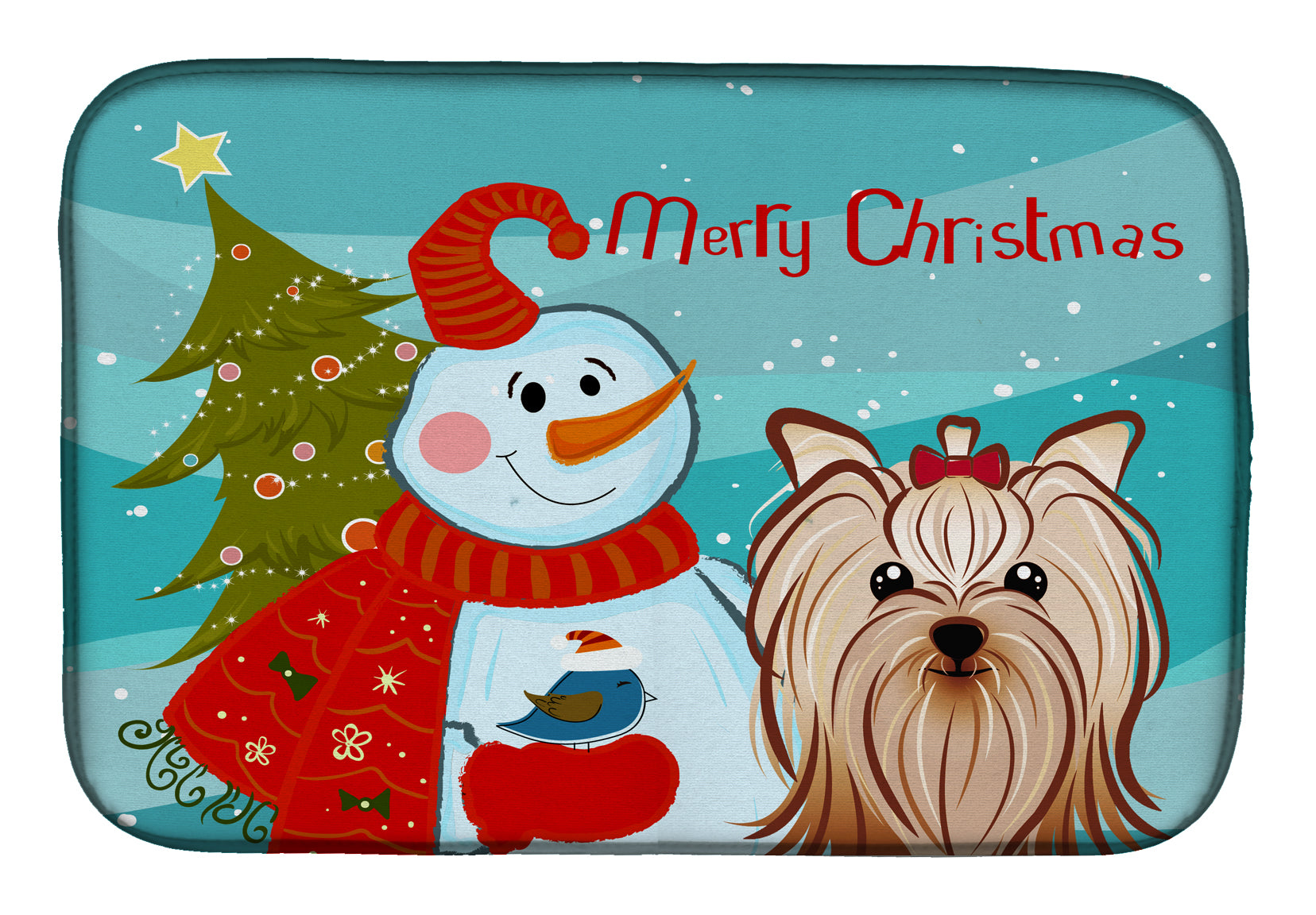 Snowman with Yorkie Yorkishire Terrier Dish Drying Mat Absorbent Dish Drying Mat Pad for Kitchen Counter Dish Drainer Mat for Countertop, 14 x 21", Multicolor