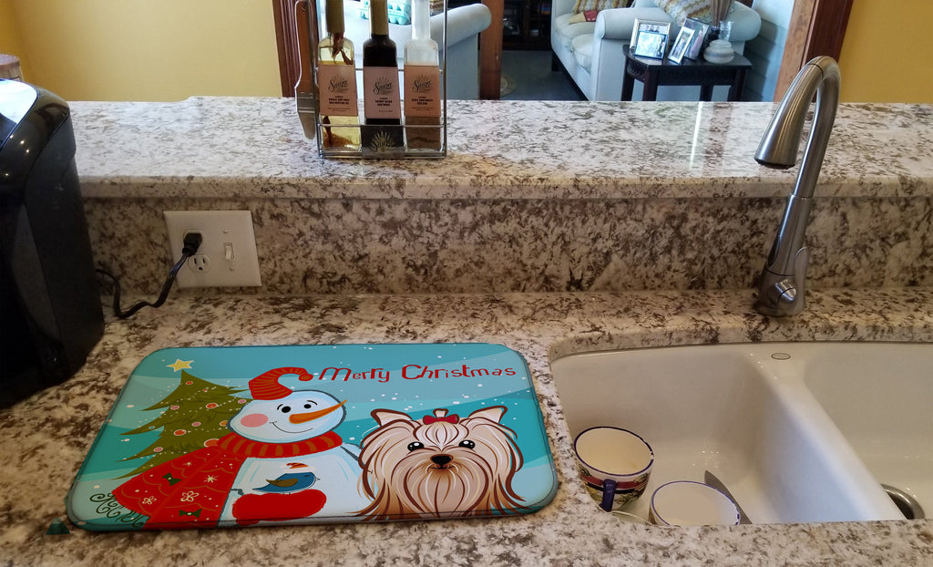 Snowman with Yorkie Yorkishire Terrier Dish Drying Mat Absorbent Dish Drying Mat Pad for Kitchen Counter Dish Drainer Mat for Countertop, 14 x 21", Multicolor