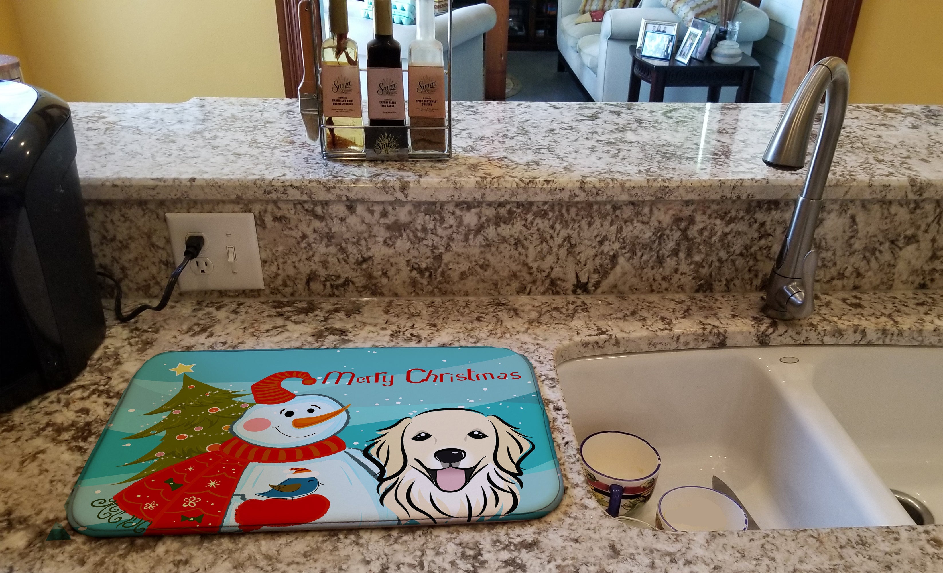Snowman with Golden Retriever Dish Drying Mat Absorbent Dish Drying Mat Pad for Kitchen Counter Dish Drainer Mat for Countertop, 14 x 21", Multicolor