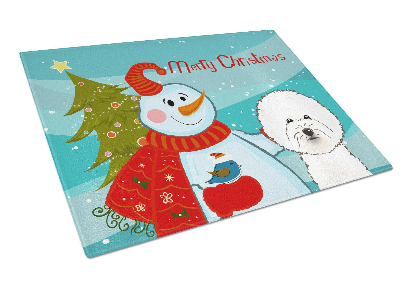Snowman with Bichon Frise Cutting Board Tempered Glass Kitchen Cutting Surface, Heat Resistant Chopping, Non-Slip Feet, Food Prep & Serving