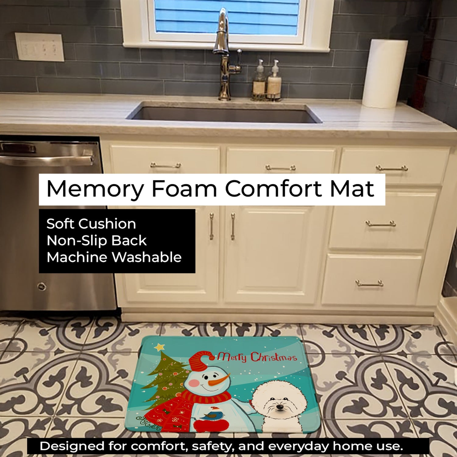 Snowman with Bichon Frise Memory Foam Kitchen Mat Machine Washable Anti-Fatigue Cushion Comfort Bath or Kitchen Rug