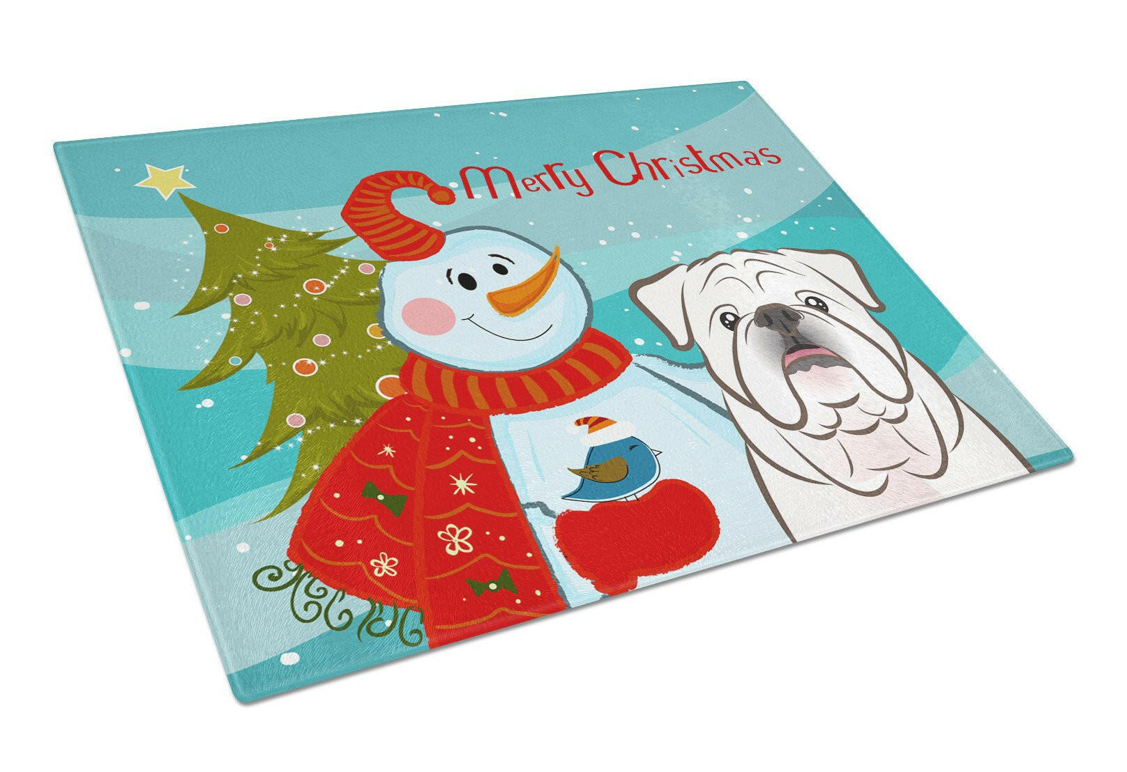 Snowman with White English Bulldog  Cutting Board Tempered Glass Kitchen Cutting Surface, Heat Resistant Chopping, Non-Slip Feet, Food Prep & Serving