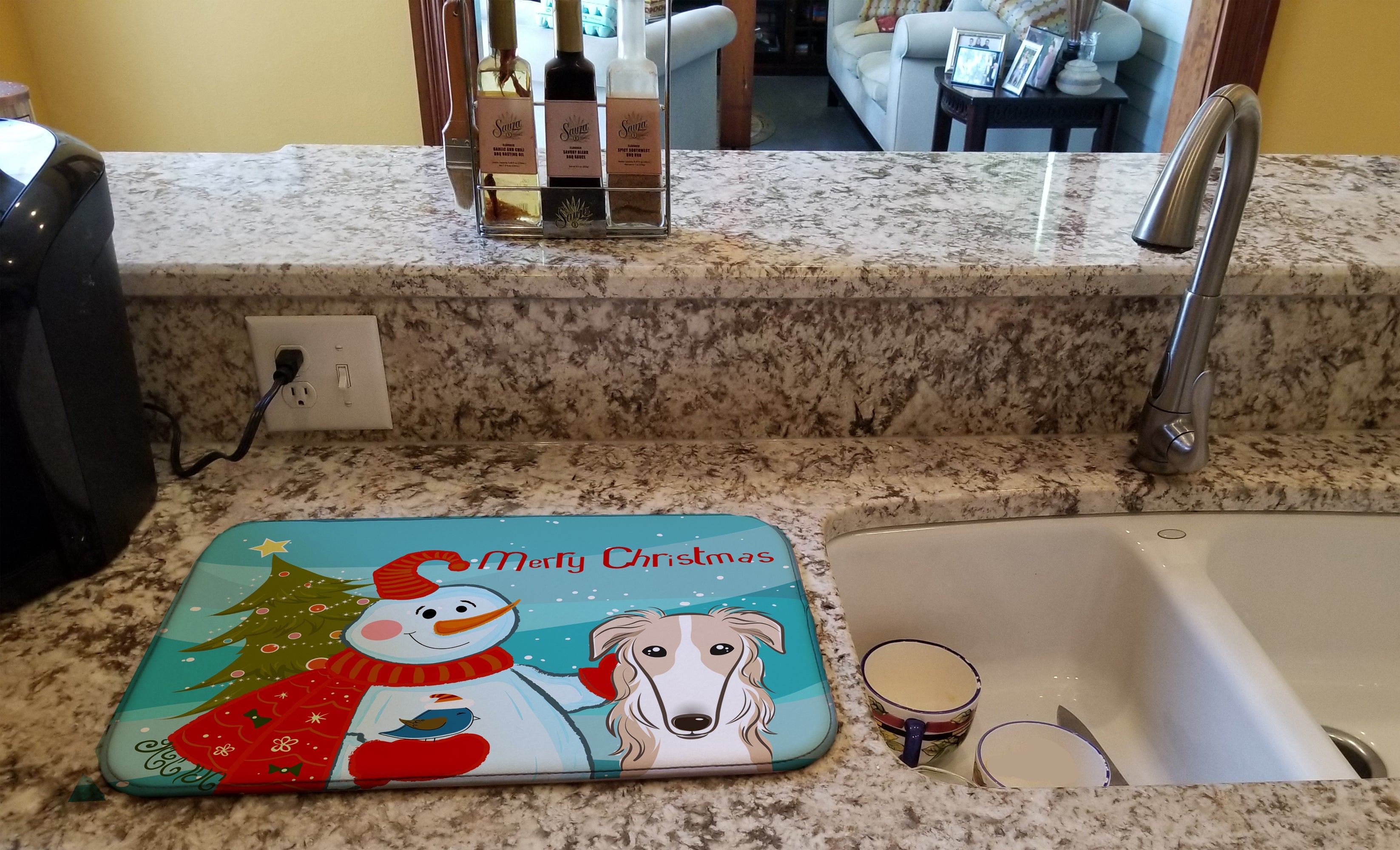 Snowman with Borzoi Dish Drying Mat Absorbent Dish Drying Mat Pad for Kitchen Counter Dish Drainer Mat for Countertop, 14 x 21", Multicolor