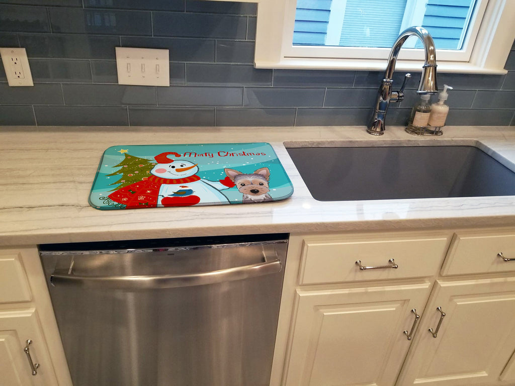 Snowman with Yorkie Puppy Dish Drying Mat Absorbent Dish Drying Mat Pad for Kitchen Counter Dish Drainer Mat for Countertop, 14 x 21", Multicolor